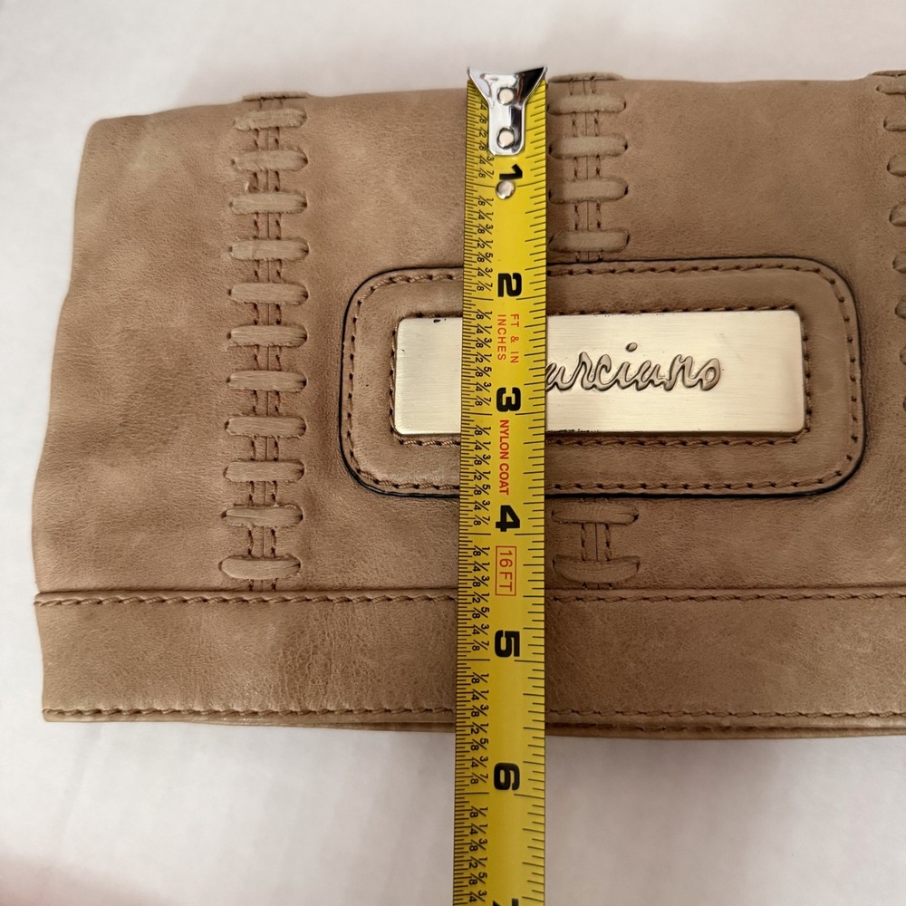 Marciano Angelique Tan‎ Leather Foldover Clutch Bag Gold Logo Accent - Picture 9 of 9